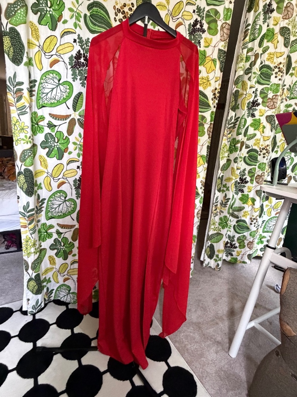 Red Cape Sleeve Maxi Dress Sheer Draped Formal Gown